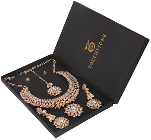 Touchstone Indian Bollywood Traditional Craftsmanship Mughal Designer Jewelry Wedding Necklace Set in Antique Gold Or White Tone for Women. - style: D135 Pink