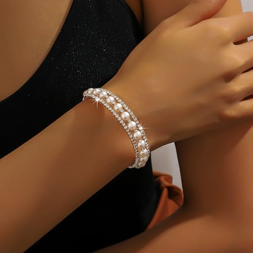Pearl Stretch Cuff Bracelet for Women Adjustable Multilaye Rhinestone Crystal Bracelet Wedding Party Brides Bridesmaid Jewelry - color: Silver Style