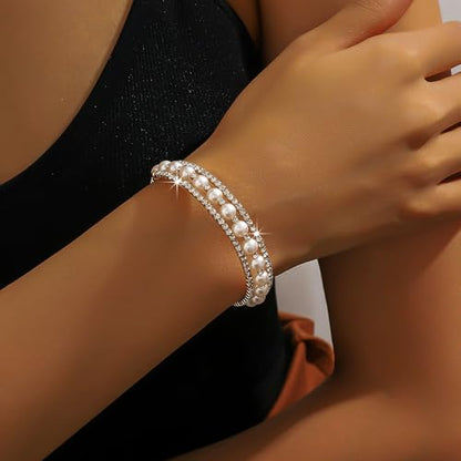 Pearl Stretch Cuff Bracelet for Women Adjustable Multilaye Rhinestone Crystal Bracelet Wedding Party Brides Bridesmaid Jewelry - color: Silver Style