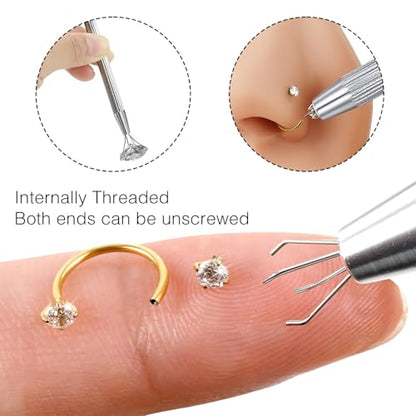 G23 Titanium Horseshoe Nose Ring 20G, 2 Pcs Double Gem Nose Ring for Women, 6mm 7mm 8mm Hypoallergenic Horseshoe Nose Rings Helix Tragus Earring Hoops Labret Lip Piercing Jewelry Small Septum Rings - color: 2Pcs-Silver-White & AB CZ