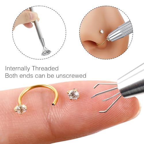 G23 Titanium Horseshoe Nose Ring 20G, 2 Pcs Double Gem Nose Ring for Women, 6mm 7mm 8mm Hypoallergenic Horseshoe Nose Rings Helix Tragus Earring Hoops Labret Lip Piercing Jewelry Small Septum Rings - color: 2Pcs-Silver-White CZ