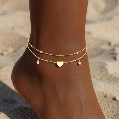 Gold/Sterling Silver Anklet Bracelets for Women Waterproof, Non Tarnish 925 Sterling Sliver Plated Heart Evileye Butterfly Charm, Dainty Summer Beach Anklets for Women, Beach Vacation Bikini Outfits for Her Mom - style: Heart-Gold