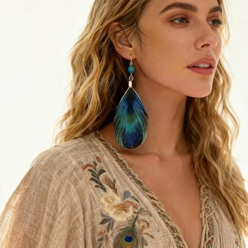 Feather Earrings for Women, Sterling Silver Hook Boho Style Peacock Long Feather Jewelry - color: Peacock Feather-2