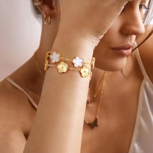 Women Gold Bracelets Jewelry Set - 3Pcs 18K Gold Plated Floral Bracelet,Stainless Steel Charm Bracelet Non-Tarnish,Adjustable Lucky Chain Trendy Gift,Christmas Valentines Birthday Gifts for Girlfriend - style: White&Gold