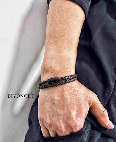Braided Leather Bracelet，Double Wrap Bracelet with Black Stainless Steel Clasp, Two- way of Wearing as Mens Bracelet or Womens Choker Necklace, Urban and Minimalist Style - color: Brown