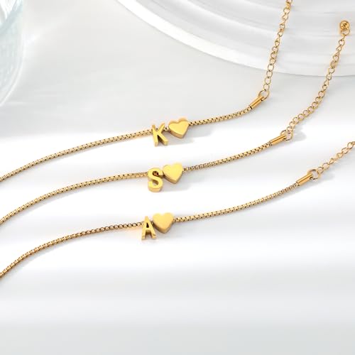 Gold Initial Bracelet for Women Dainty Personalized Name Bracelet | 14K Gold Plated, Letter A-Z Bracelet, Tiny Gold Initial Cute Heart Bracelet Jewelry Gift - color: A