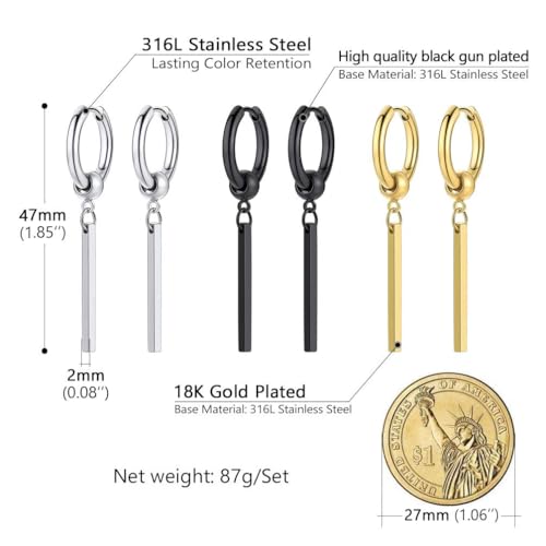 PROSTEEL Stainless Steel Huggie Hoop Earrings for Mens Gold/Black/Silver | Skull/Infinity Pattern, Spike/Cuban Links 4 Design Options Hypoallergenic Lightweight Earring Hip Hop Punk Gothic Jewelry - style: 08-Straight Dangle(3 Pairs)