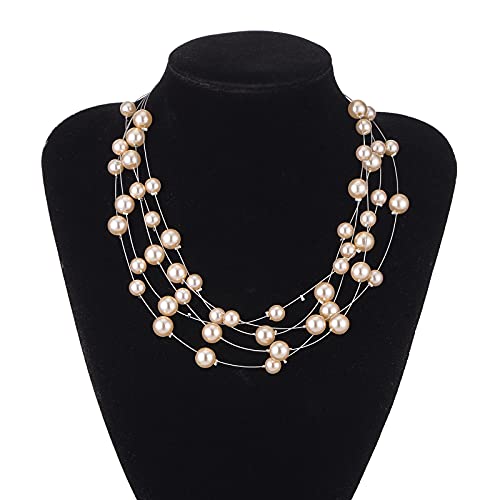 FULU AUTUMN Layered Pearl Necklace Multi-strand Pearl Choker Necklaces for Women Beaded jewelry for Wedding Parties - color: Champagne