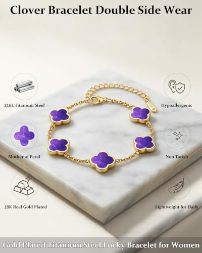 Four Leaf Clover Bracelet for Women 18K Gold Plated Stainless Steel 4 Leaf Link Chain Adjustable Bracelets Lucky Gift for Women/White/Black/Rich Red/Emerald Green/ Navy Blue/Pink Bracelets - color: Purple/Gold