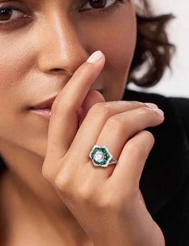 Flower Engagement Promise Ring Sterling Silver Birthstone Rings for Women Sapphire/Emerald/Ruby Gemstone Six Leaf Clover Statement Cocktail Ring Size 6 to 10 - style: 05. May-Created Emerald