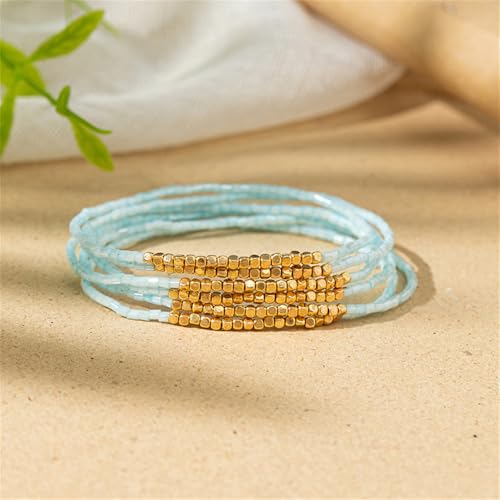 Boho Stackable Seed Beaded Bracelet Set for Women Colorful Multilayered Gold Beads Stretch Bracelets Summer Beach Bohemian Jewelry Gift - color: Light Blue