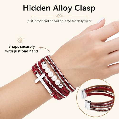 Vercret Leather Wrap Bracelet for Women, Multi-Layer Cuff Bangle | Boho Stacked Bracelets with Safe Clasp Western Bangle Jewelry Gift for Lady and Mom Sister Friend - style: Red
