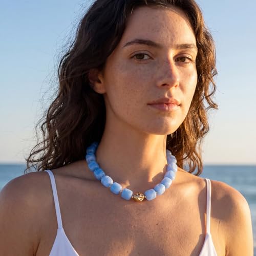 Beaded Necklaces for Women Boho Chunky Necklace Statement Big Resin Bead Choker Fashion Summer Beach Jewelry - color: Sky Blue
