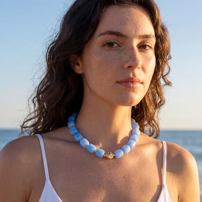 Beaded Necklaces for Women Boho Chunky Necklace Statement Big Resin Bead Choker Fashion Summer Beach Jewelry - color: Sky Blue