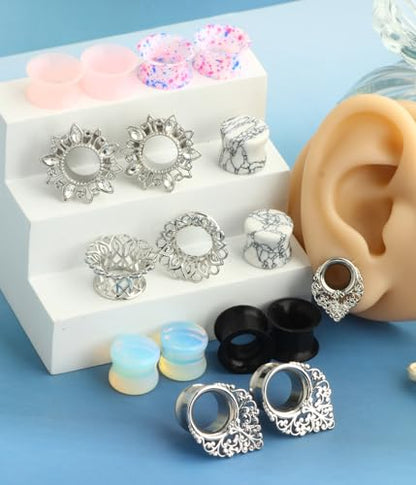TIANCI FBYJS 8 Pairs Stainless steel Ear Tunnels Earrings Silicone Gauges Plugs For Ear Brass Hollow Plugs and Tunnels Glass Piercings Stretcher Kit 2g 00g 5/8 - color: 5/8''=16mm