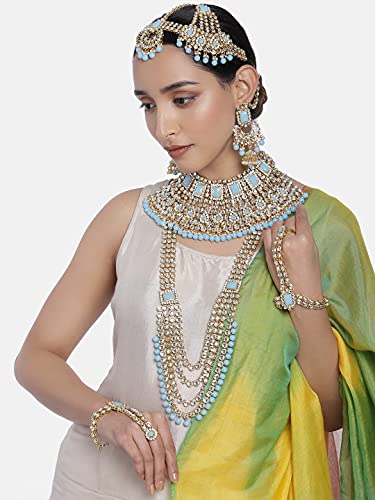 Aheli Traditional Wedding Indian Bharatanatyam jewellery set Long Choker Necklace Earrings Maang Tikka Nath Paasa Hath Phool for Women - color: Sky Blue