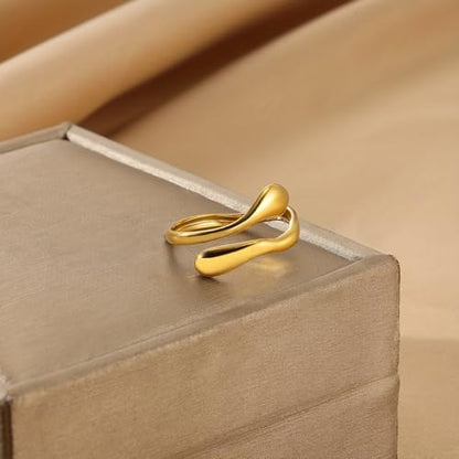 Stainless Steel Gold Plated Open Ring for Women, Minimalist Contemporary Style Ring with Polished Smooth Surface, Elegant Versatile Jewelry for Daily, Party, Wedding, Birthday & Christmas Gift