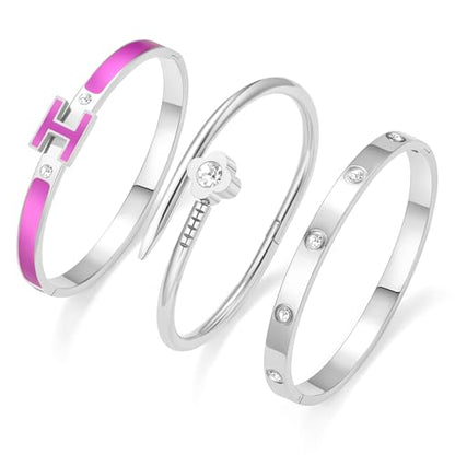 3Pcs Gold Bracelets for Women 14K Gold Plated Love/H/Nail Bangle Bracelet Dainty Non Tarnish Bracelet Jewelry Christmas Mothers Day Gifts for Women - color: 3Pcs Silver/Purple H bracelet