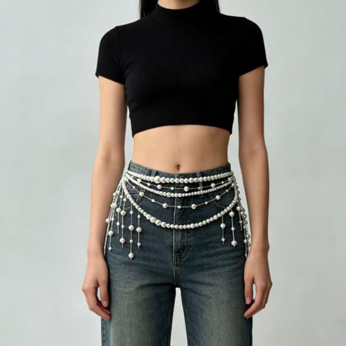 Multi Layered Pearl Waist Chain Belt Elegant White Pearl Belly Chain with Tassel Pendant Stylish Belt Hip Body Chain for Festival Rave Party Wedding Bridal Dress Sweater Jeans Decor Accessories