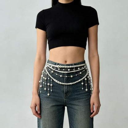 Multi Layered Pearl Waist Chain Belt Elegant White Pearl Belly Chain with Tassel Pendant Stylish Belt Hip Body Chain for Festival Rave Party Wedding Bridal Dress Sweater Jeans Decor Accessories