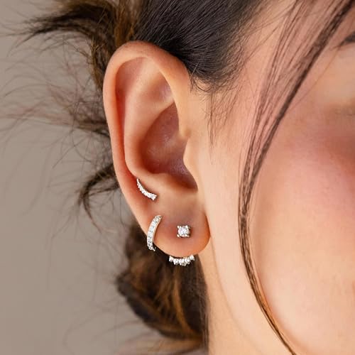 Gelbesty Gold Stud Earrings Set for Women, 3 Pairs Huggie Hoop Jacket Studs Earring Stacks - color: Silver