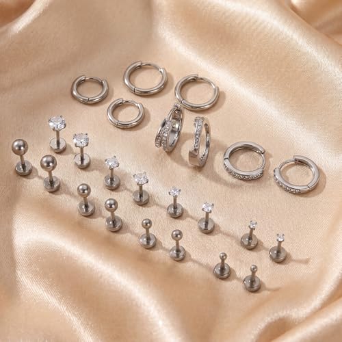 Stainless Steel Stud Earrings Set for Women Hypoallergenic Flat Back Cartilage Earrings Screw Back Huggie Hoop Earrings Multiple Piercing Cubic Zirconia Helix Tragus Jewelry - color: Set-C-Silver