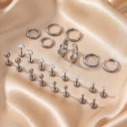 Stainless Steel Stud Earrings Set for Women Hypoallergenic Flat Back Cartilage Earrings Screw Back Huggie Hoop Earrings Multiple Piercing Cubic Zirconia Helix Tragus Jewelry - color: Set-C-Silver