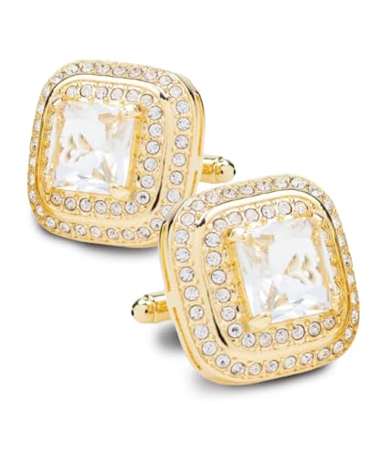 Square Colored Crystal Double Diamond Set Cufflinks - color: Clear/Gold