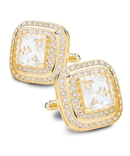 Square Colored Crystal Double Diamond Set Cufflinks - color: Clear/Gold
