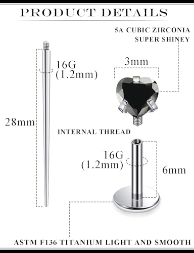20G 18G 16G Astm F136 Titanium Internal Thread Flat Back Earrings Nose Studs Tragus Helix Conch Cartilage Lobe Earrings Medusa Labret Snake Bite Monroe Lip Ring Piercing Jewelry For Women Men - color: Black, size: 16G-6MM Bar-CZ 3MM