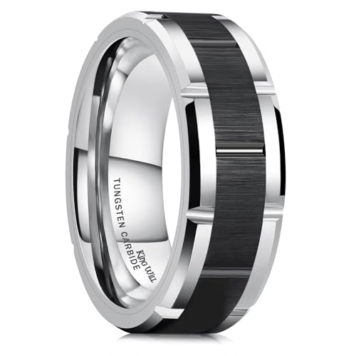 King Will Classic Mens 、Tungsten Carbide Rings Brick Pattern Groove Center | Silver/Black/Gold/Rose Gold, 8mm, Grooved, Comfort Fit, Brick pattern, Everyday Wear - color: A-Silver & Black