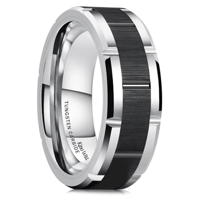 King Will Classic Mens 、Tungsten Carbide Rings Brick Pattern Groove Center | Silver/Black/Gold/Rose Gold, 8mm, Grooved, Comfort Fit, Brick pattern, Everyday Wear - color: A-Silver & Black