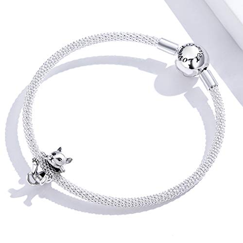 BISAER 925 Sterling Silver Charms for Bracelets Cat Dog Sloth Animal Beads Butterfly Fairy Heart Dangle Pendant Charms - color: Cat