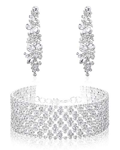 JOERICA Bridal Wedding Crystal Bracelet and Earrings Jewelry Set Rhinestone Dangle Earrings Adjustable Bracelet Bangle for Women Bridesmaid Jewelry Set