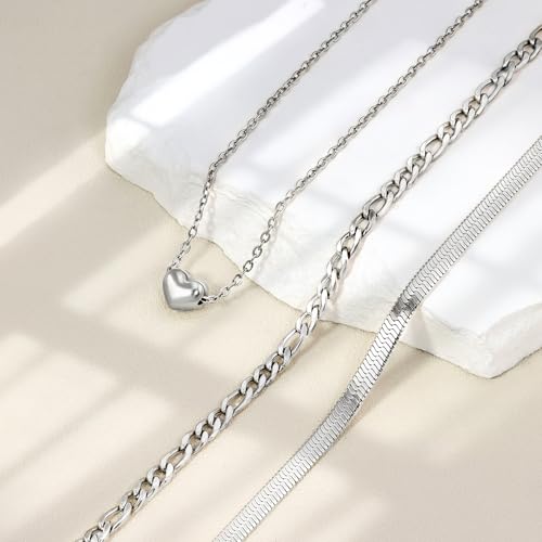 Layered Necklaces for Women,14k Gold Plated Dainty Necklace Stack Set Non Tarnish Adjustable Silver Stainless Steel CZ Heart Circle Pendant Paperclip Choker Herringbone Snake Chain Jewelry - style: Heart Layered Necklace-Silver