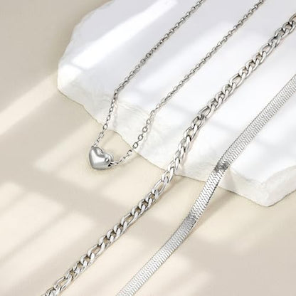 Layered Necklaces for Women,14k Gold Plated Dainty Necklace Stack Set Non Tarnish Adjustable Silver Stainless Steel CZ Heart Circle Pendant Paperclip Choker Herringbone Snake Chain Jewelry - style: Heart Layered Necklace-Silver
