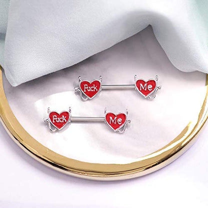 Letter Nipple Ring 14G 316L Surgical Steel Nipple Barbell Heart Shape Devil Body Piercing Jewelry for Women Men - color: red F