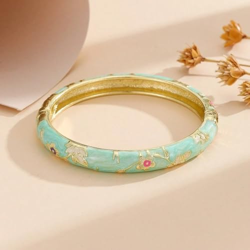 Cloisonne Bracelet For Women, Chunky Bangle Trendy Cute Flower Enamel Bangles Multi Tone Engraved Cuff Gold Plated Bracelets Stackable Wife Jewelry Friendship Gift - color: Dark Green