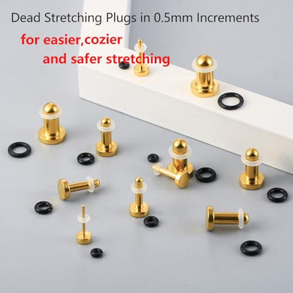 Casvort 22 PCS/16 PCS Hypoallergenic 18G-1'' Comfy Dead Stretching Plugs in 0.5mm Increments Saddle Plugs with Rubber Rings 316 Surgical Stainless Steel Crazy Ear Gauges Body Piercing Jewelry - color: Gold 1-6mm 22 PCS