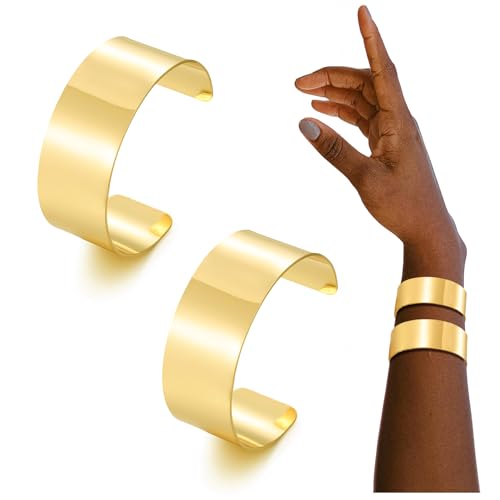BOMAIL 2PCS Cuff Bangle Bracelets for Women | 14k Gold Sliver Plated,Adjustable,Wide Bangles,Wrist Wrap Cuff,Gold Bracelets Jewelry Gift - color: Gold-1