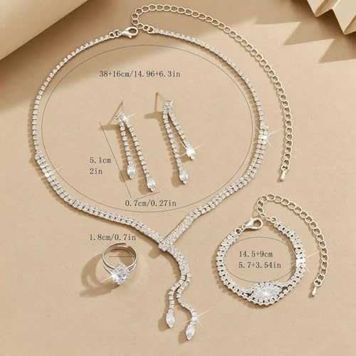 4 Pieces Cubic Zirconia Wedding Jewelry Sets for Bride Rhinestone Bridal Jewelry Set Necklace Bracelet Earring Ring for Brides Bridesmaid for Wedding Party - color: 4 PCS-Silver