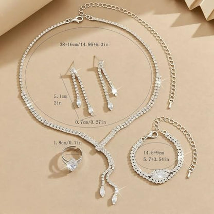 4 Pieces Cubic Zirconia Wedding Jewelry Sets for Bride Rhinestone Bridal Jewelry Set Necklace Bracelet Earring Ring for Brides Bridesmaid for Wedding Party - color: 4 PCS-Silver