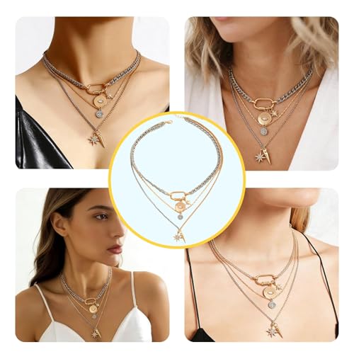 Mixed Metal Stack for Women, Multi Layered Two Tone Gold and Silver Coin Pendant Paperclip Stacked Necklace with Star and Celestial Charms, Chunky Trendy Statement Jewelry Gifts - color: Gold