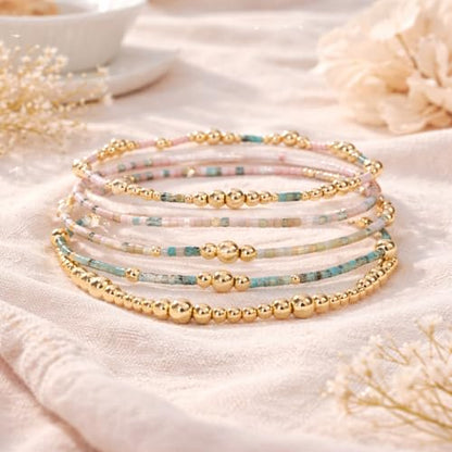 Gold Bracelets for Women, Beaded Cross Stack, Non Tarnish Set，Set-1 | Gold Beaded Bracelet Stack with Stretch Fit, Waterproof Finish and Dainty Design for Everyday Wear and Gifts - color: Colors-4