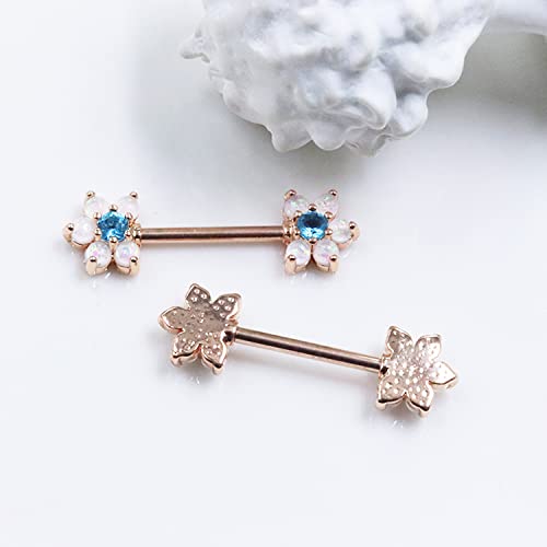 14G Opal Flower CZ Nipple Barbell Nipple Ring Piercing Jewelry for Women - color: rose gold blue
