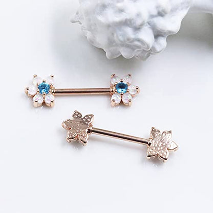 14G Opal Flower CZ Nipple Barbell Nipple Ring Piercing Jewelry for Women - color: rose gold blue