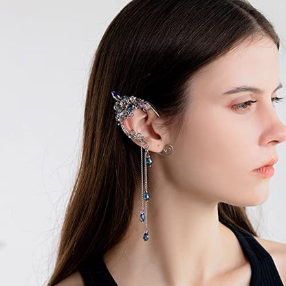 Elf Ear Cuffs, OwMell Handcraft Silver Pointed Fairy Elven Cosplay Fantasy Costume Bridal Wedding Earrings for Non Pierced Ears - style: Bule Tassel