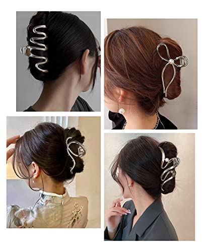 HAIMEIKANG 4 PCs Metal Hair Claw Clips - Irregular Large Clips for Women, Non-Slip Styling Accessories for Thick and Thin Hair (Silver) | Durable Metal Hair Clips for Thick or Thin Hair. Non-slip Silver Bow Claw Clips for Daily Wear, Party & Styling