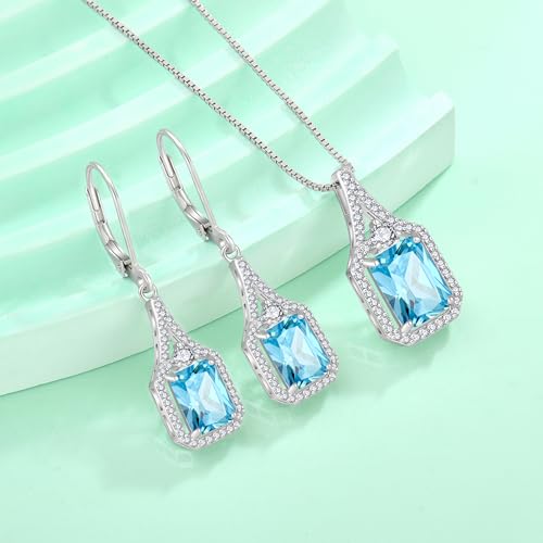 Created Gemstone Necklace 925 Sterling Silver Halo Rectangular Pendant Birthstone Necklaces Jewelry Gifts for Women - color: 03 March - Aquamarine