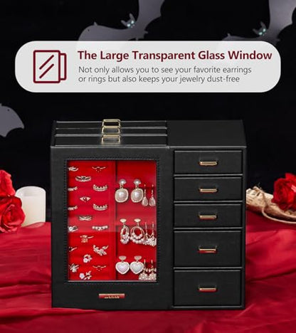 Homde Large Jewelry Box/Organizer/Case with Glass Window, Drawers for Necklaces Earrings Rings Bracelets Watches Gift for Women Girls - color: Black + Red+ Gold